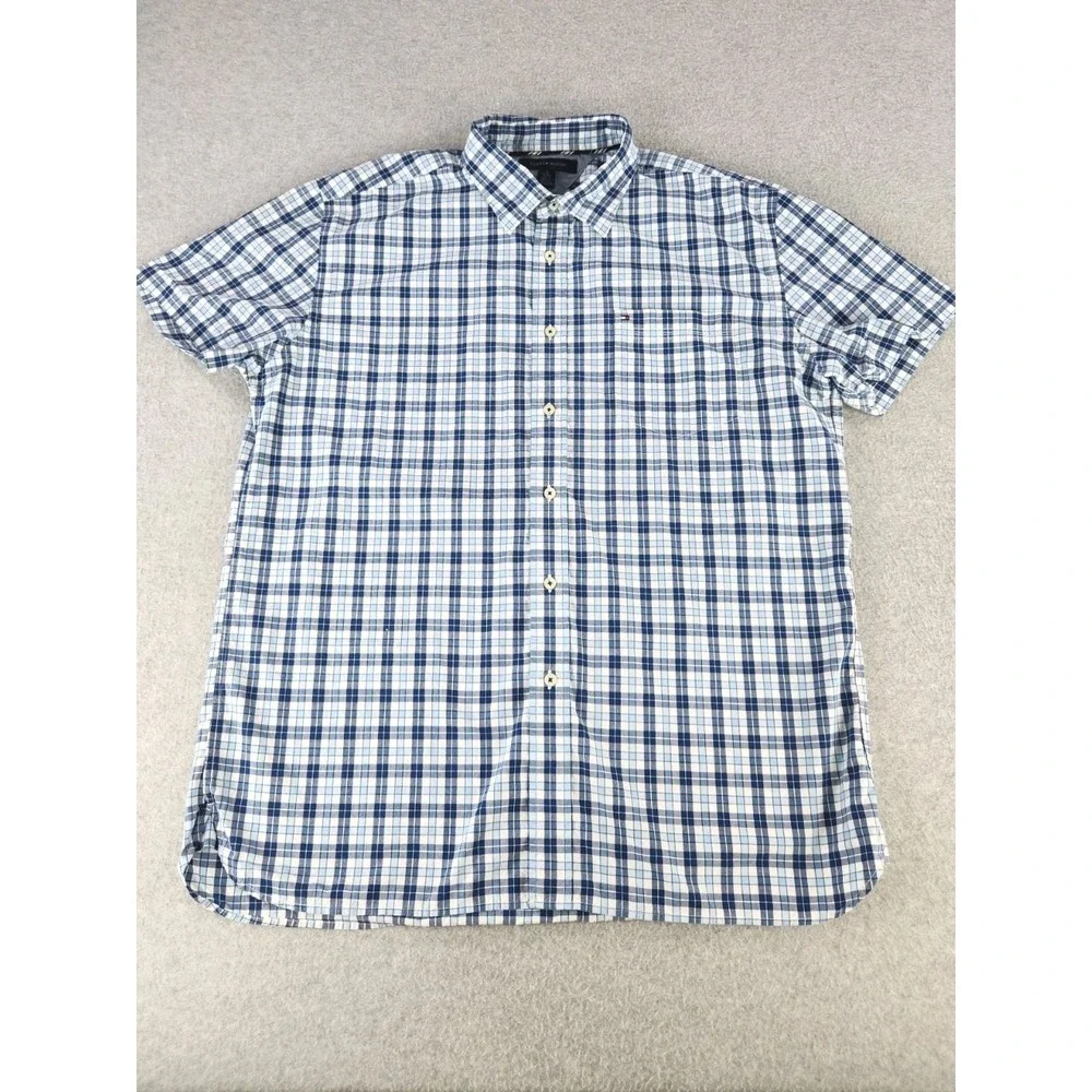 Tommy Hilfiger Short Sleeve Button Down Shirt Plaid Striped Blue Eyes Pop Men XL
